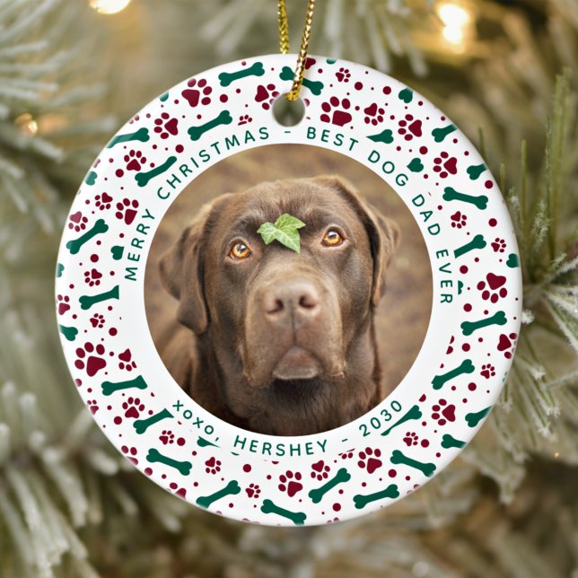 Christmas DOG DAD Personalise Pet Photo Paw Prints Ceramic Ornament (Creator Uploaded)