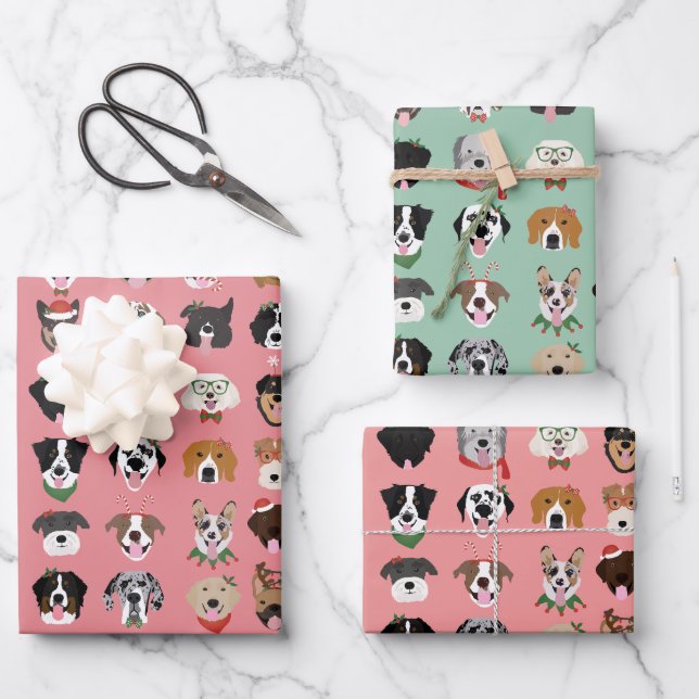 Christmas Dog Face Pattern Wrapping Paper Sheet (Front)