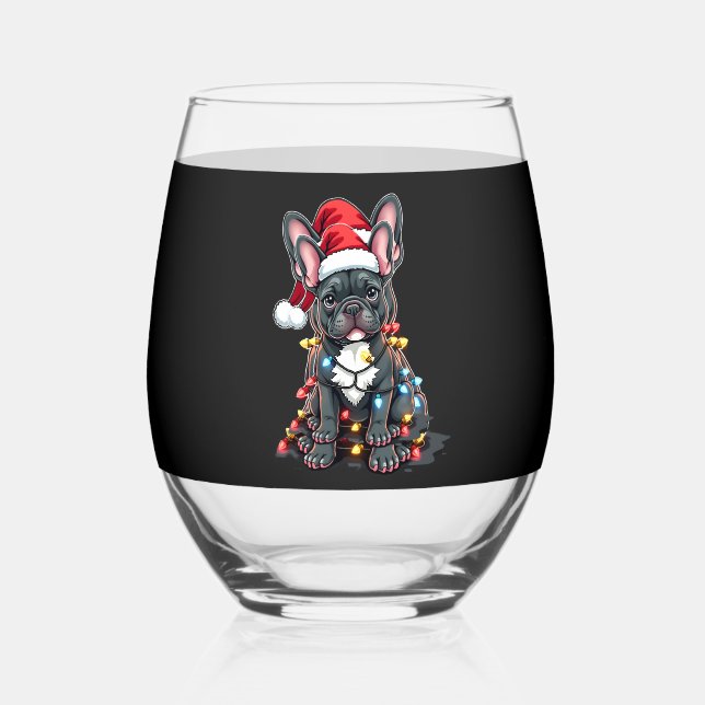 Christmas Dog French Bulldog Xmas Frenchie 3 Stemless Wine Glass (Front)
