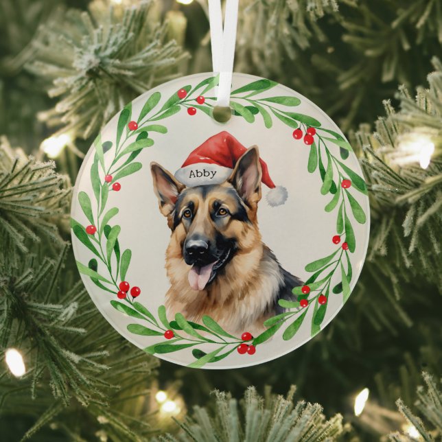 Christmas Dog German Shepherd Santa Glass Tree Decoration (Insitu)