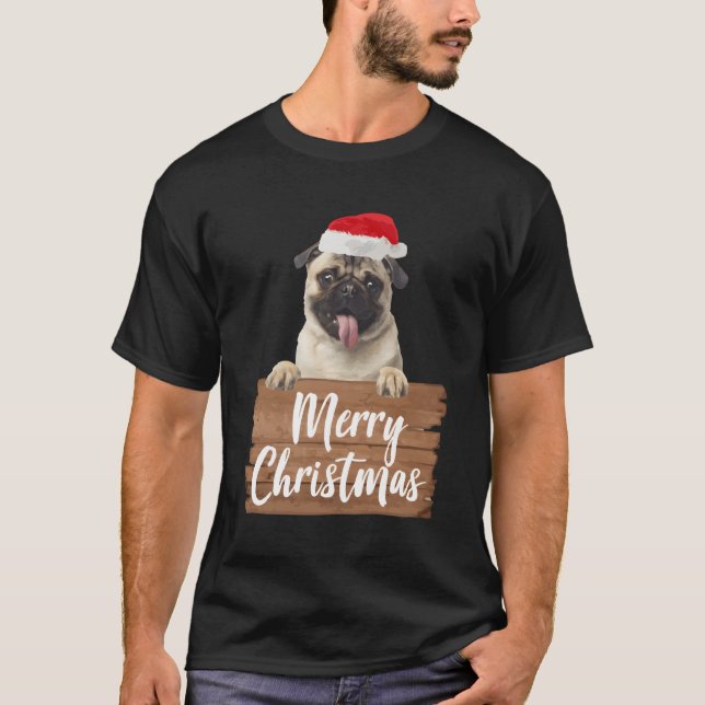 Christmas Dog Gift Pug Santa Hat T-Shirt (Front)