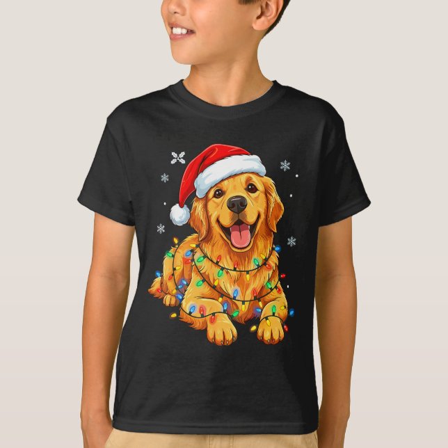 Christmas Dog Golden Retriever Lights Xmas  T-Shirt (Front)
