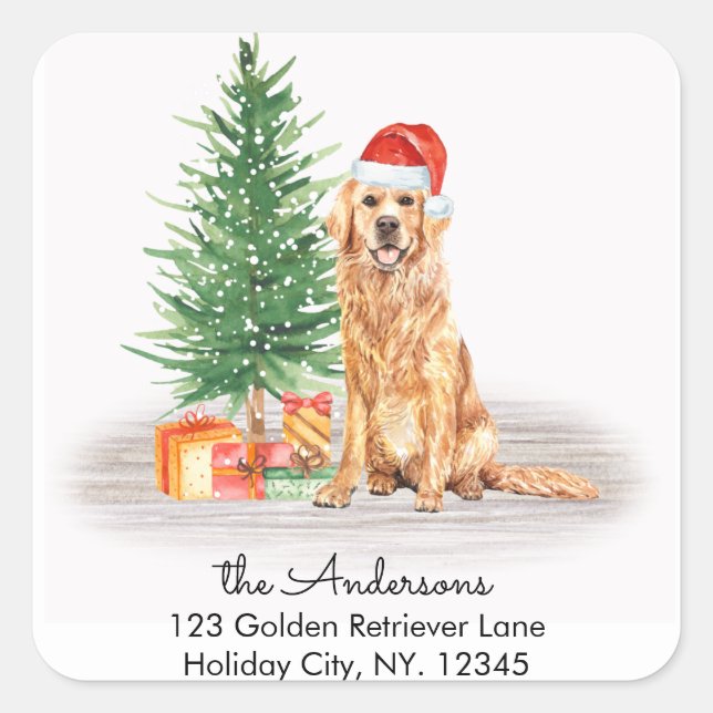 Christmas Dog Golden Retriever Return Address Square Sticker (Front)