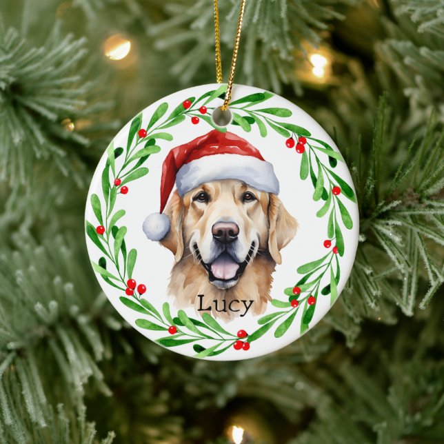 Christmas Dog Golden Retriever Santa Holiday Ceramic Ornament (Tree)