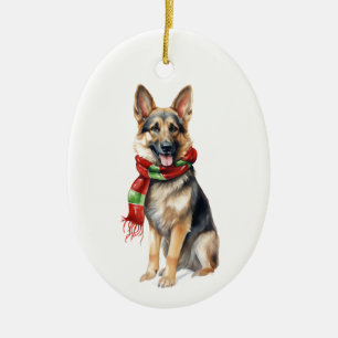 Christmas Dog, Holiday German Shepherd  Ceramic Ornament