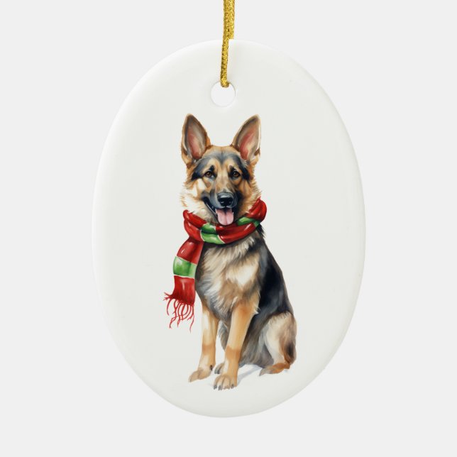 Christmas Dog, Holiday German Shepherd  Ceramic Ornament (Front)