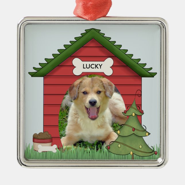 Christmas Dog House Photo & Name Metal Ornament (Front)
