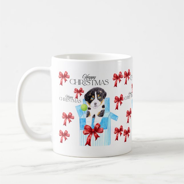 Christmas Dog in a blue box Coffee Mug (Left)