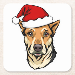 Christmas Dog in Santa Hat Square Paper Coaster