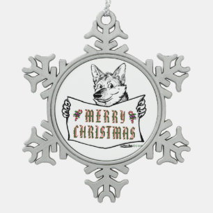 Christmas Dog:  Merry Christmas! Snowflake Pewter Christmas Ornament