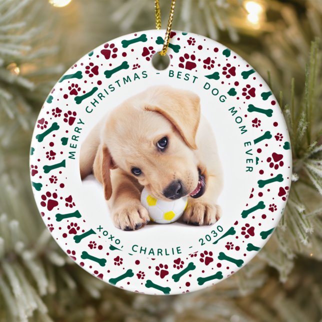 Christmas DOG MOM Personalised Cute Pet Photo Ceramic Ornament (Creator Uploaded)