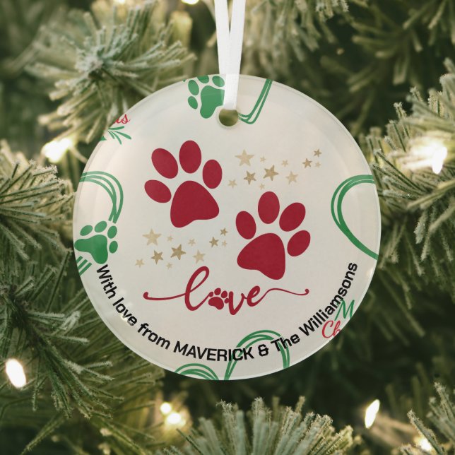 Christmas DOG PAW PRINTS Personalised Glass Tree Decoration (Insitu)