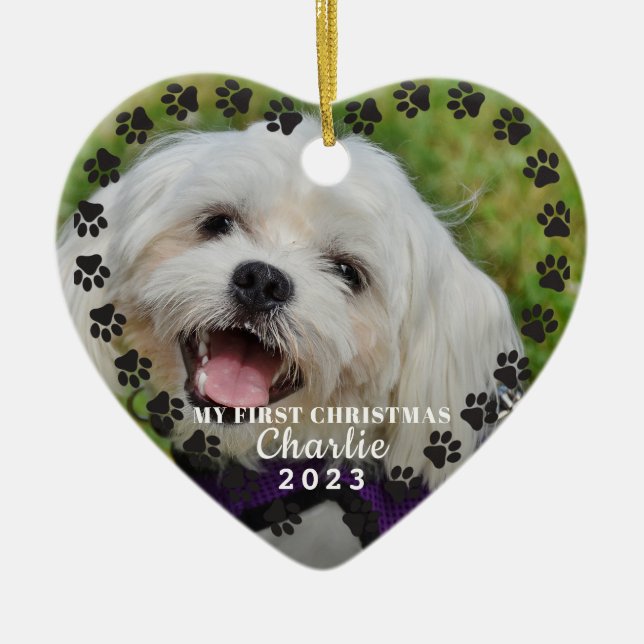 Christmas Dog Paw Prints Personalised Pet Photo  Ceramic Ornament (Front)