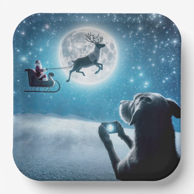 Christmas Dog Photographing Santa Claus In Sleigh Paper Plate (Front)