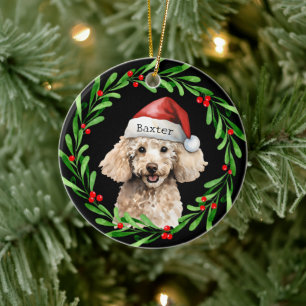 Christmas Dog Poodle Santa Hat Holiday Ceramic Ornament