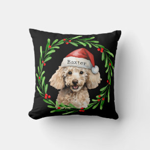 Christmas Dog Poodle Santa Hat Holiday Cushion