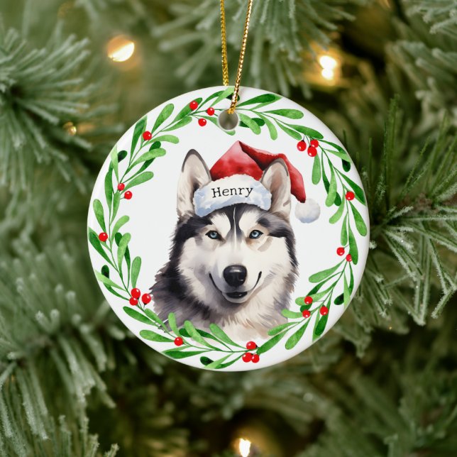 Christmas Dog Siberian Husky Santa Hat Holiday Ceramic Ornament (Tree)