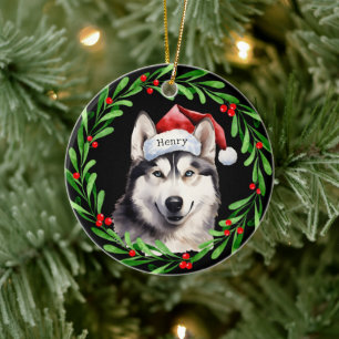 Christmas Dog Siberian Husky Santa Hat Holiday Ceramic Ornament