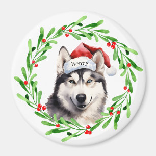 Christmas Dog Siberian Husky Santa Hat Holiday Magnet