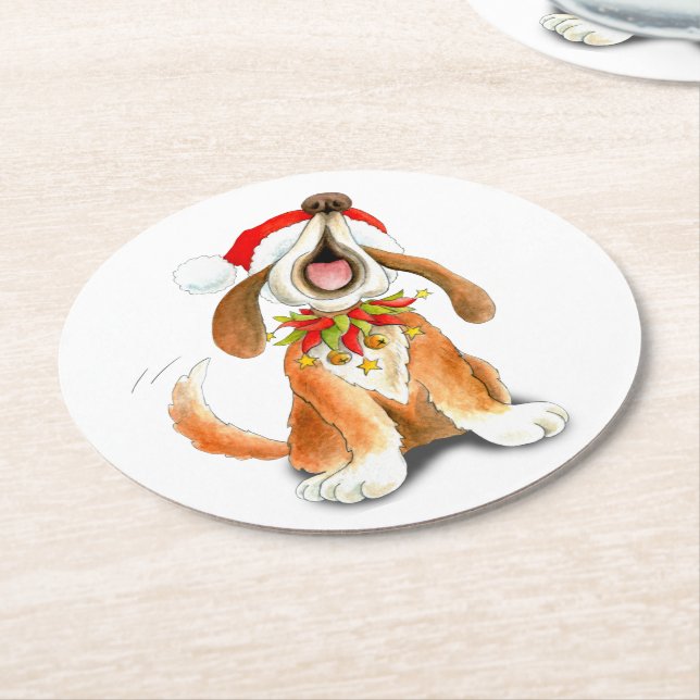 Christmas dog singing art paper coasters (Angled)