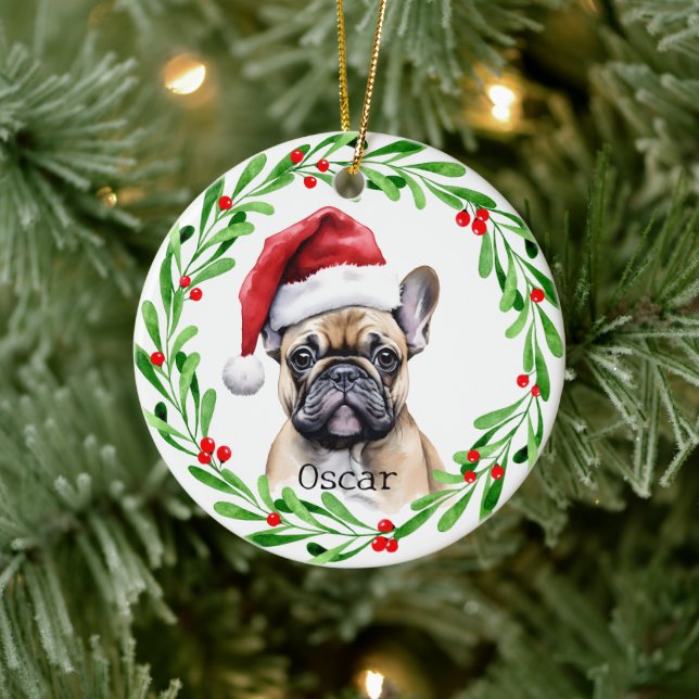 Christmas Dog Tan Frenchie French Bulldog Pet Ceramic Ornament (Tree)
