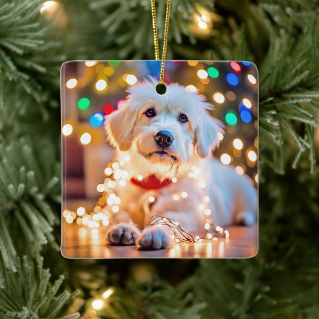 Christmas Dog Tangled In Lights Ceramic Ornament (Tree)