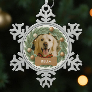 Christmas Dog Text Photo Wreath Name Holiday Snowflake Pewter Christmas Ornament