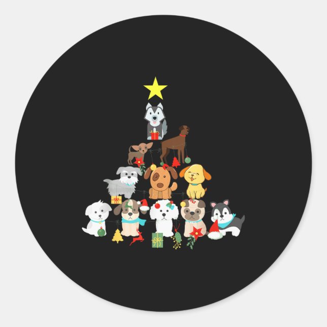 Christmas Dog Tree Cute Funny Puppy Dogs Xmas Tee  Classic Round Sticker (Front)