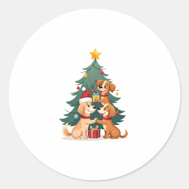 Christmas Dog Tree T-Shirt Cute Funny Puppy Dogs X Classic Round Sticker (Front)