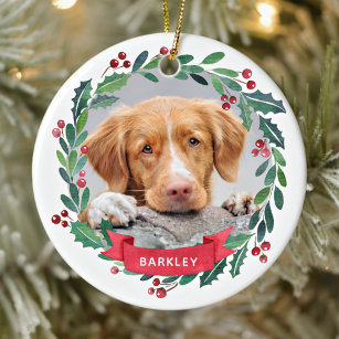 Christmas Dog Watercolor Wreath Personalised Photo Ceramic Ornament