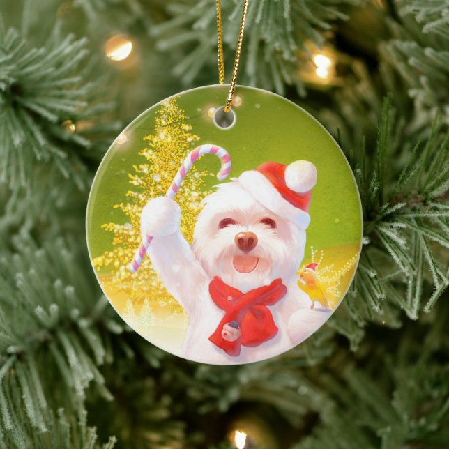 Christmas Dog with Candy Cane Ceramic Ornament (Tree)
