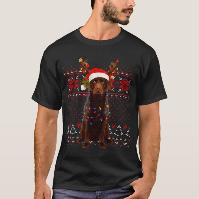 Christmas Dog With Hat And Lights - Funny Holiday  T-Shirt (Front)