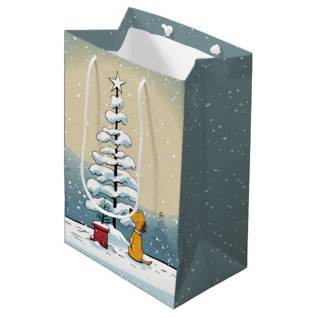 Christmas Dog With Holiday Tree In Snowflakes Medium Gift Bag (Front Angled)