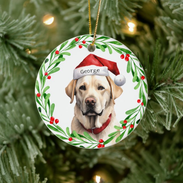 Christmas Dog Yellow Lab Labrador Retriever Santa Ceramic Ornament (Tree)
