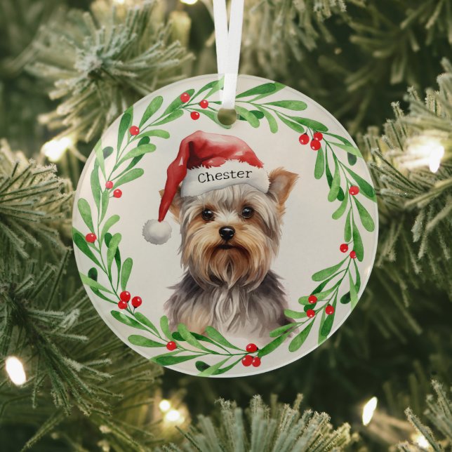 Christmas Dog Yorkie Yorkshire Terrier Holidays Glass Tree Decoration (Insitu)