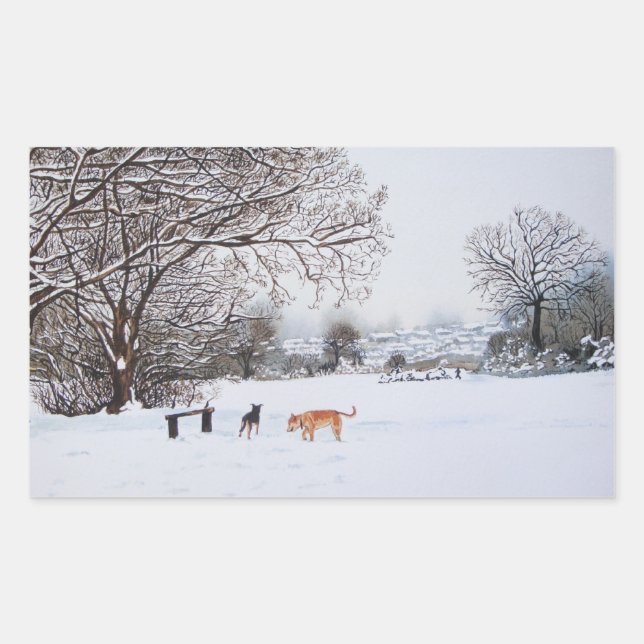 christmas dogs atmospheric landscape snow scene rectangular sticker (Front)