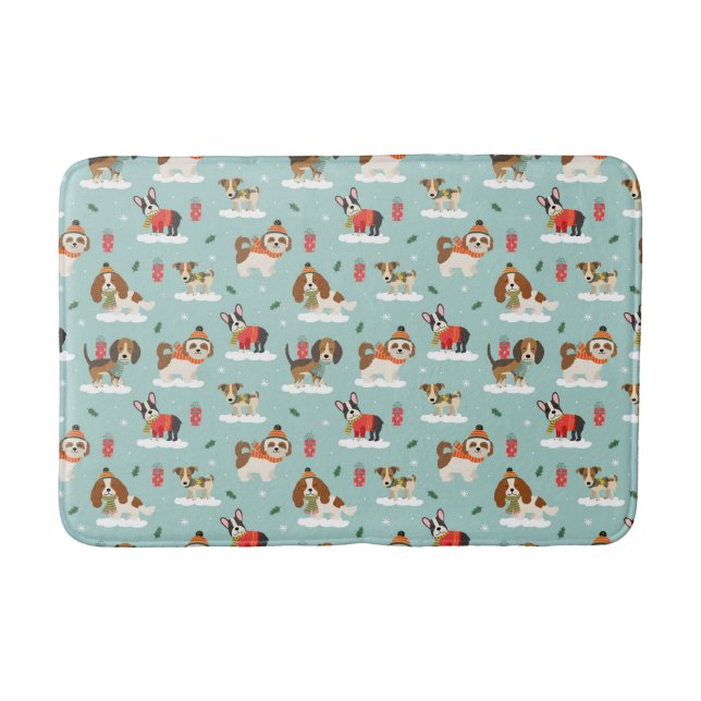 Christmas Dogs in Cosy Scarves Pattern Bath Mat (Front)