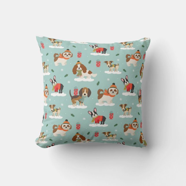 Christmas Dogs in Cosy Scarves Pattern Cushion (Front)