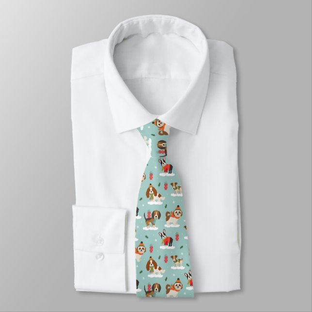 Christmas Dogs in Cosy Scarves Pattern Tie (Tied)