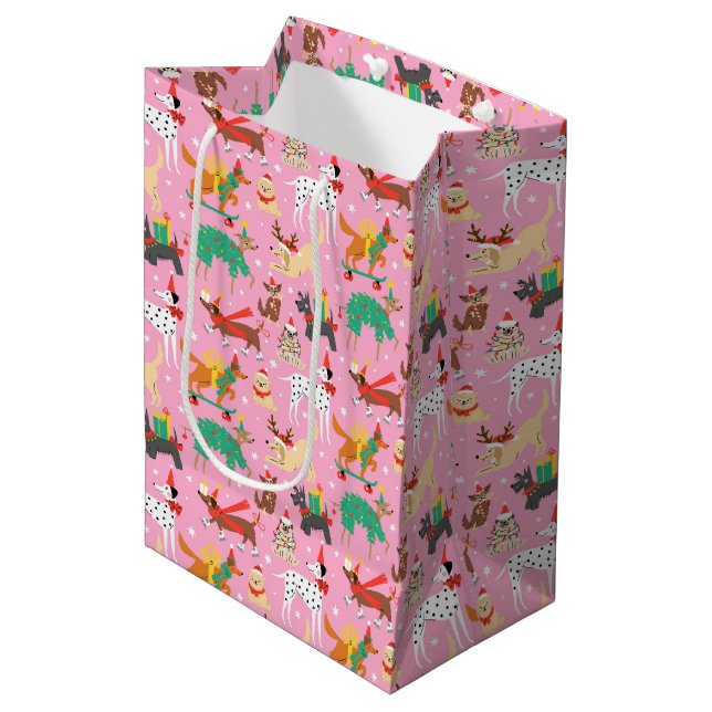 Christmas Dogs in Holiday Outfits Pattern Medium Gift Bag (Front Angled)