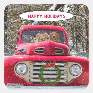 Christmas dogs in retro red truck square sticker