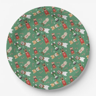 Christmas Dogs Pattern Red Green Paper Plate