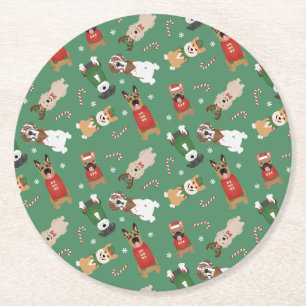 Christmas Dogs Pattern Red Green Round Paper Coaster