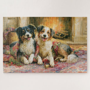 Christmas Dogs Rustic Fireplace Nostalgic Painting Jigsaw Puzzle