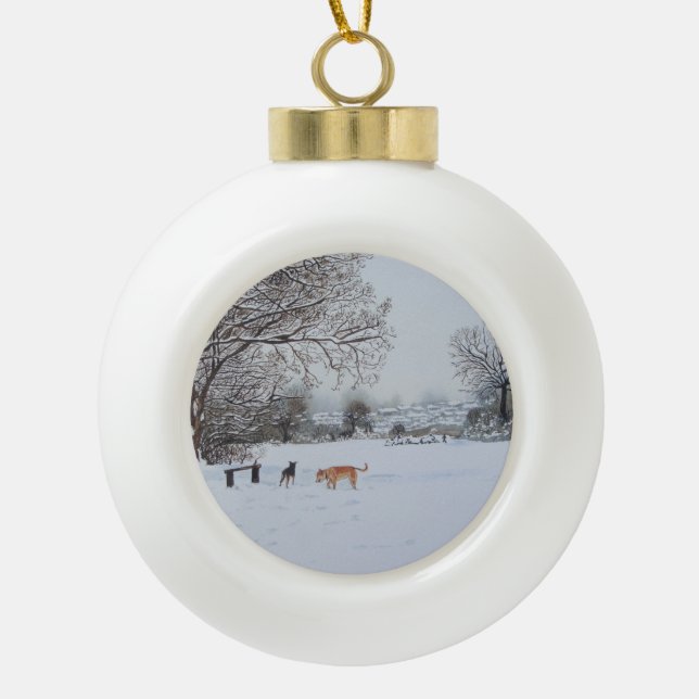 Christmas dogs snow scene landscape painting ceramic ball christmas ornament (Front)