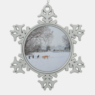 Christmas dogs snow scene landscape painting snowflake pewter christmas ornament
