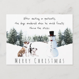 Christmas dogs waiting for a stick from a snowman postcard