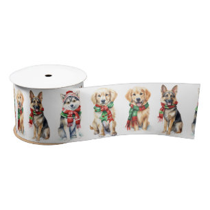 Christmas Dogs Wearing Winter Scarves Satin Ribbon