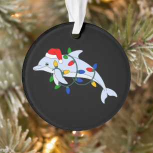 Christmas Dolphin Santa Hat Xmas Lights Ocean Ornament