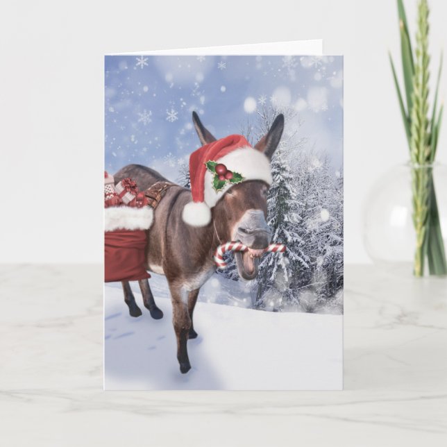 Christmas donkey with funny red hat card (Front)